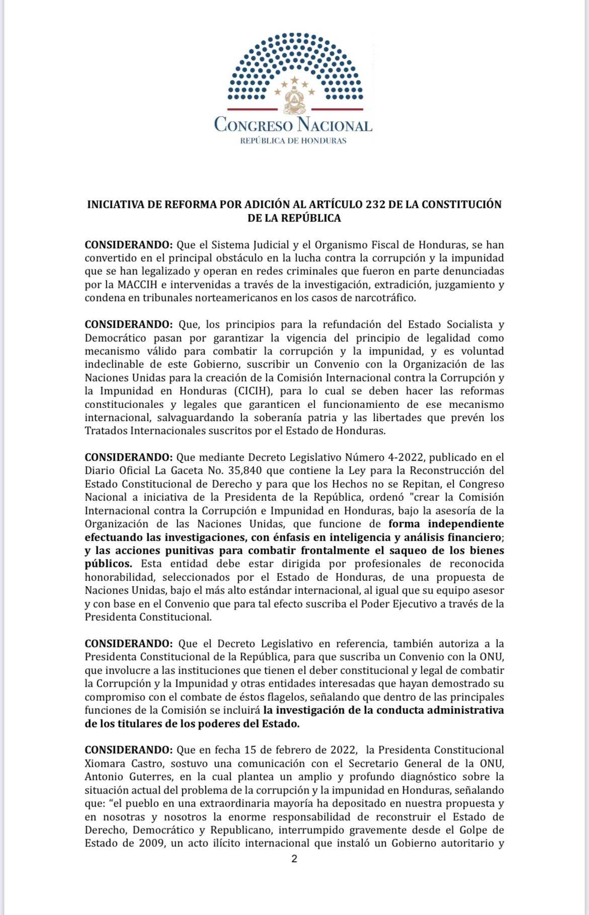 Presentan proyecto  para darle facultades a la CICIH